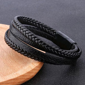 Black braided bracelet for men with black clasp